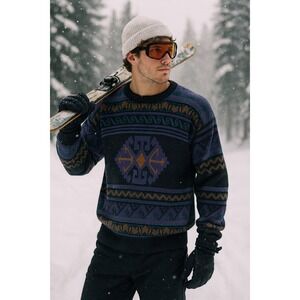 Vintage Meister Ski Sweater Wool Fair Isle Nordic Geometric Men's XL Black Green